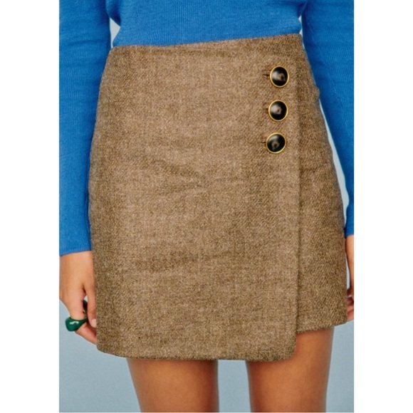 SEZANE Taupe Brown Wool Faux Wrap Mini Skirt Neutral Button Peter Skirt Sz 4 - Picture 10 of 12